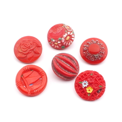 Lot (6) Czech 1920's Art Deco vintage red geometric and floral glass buttons