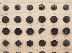 Sample card (58) Czech antique black glass buttons lacy floral geometric