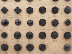 Sample card (58) Czech antique black glass buttons lacy floral geometric