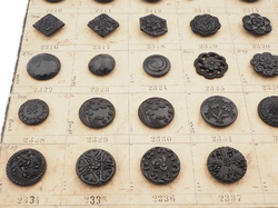 Sample card (58) Czech antique black glass buttons lacy floral geometric