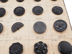 Sample card (58) Czech antique black glass buttons lacy floral geometric
