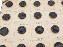 Sample card (58) Czech antique black glass buttons lacy floral geometric