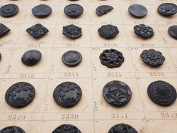 Sample card (58) Czech antique black glass buttons lacy floral geometric