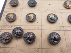Sample card (94) Czech antique glass buttons duck bird dog Roman flower