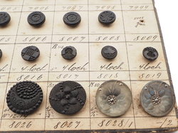 Sample card (138) Czech antique black glass buttons carved floral geometric lacy