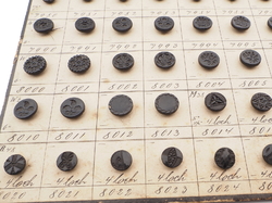 Sample card (138) Czech antique black glass buttons carved floral geometric lacy