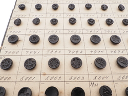 Sample card (138) Czech antique black glass buttons carved floral geometric lacy