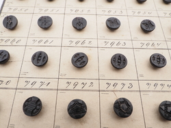 Sample card (138) Czech antique black glass buttons carved floral geometric lacy