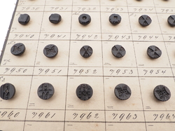 Sample card (138) Czech antique black glass buttons carved floral geometric lacy