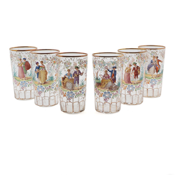 Set 6 Antique Crystal hand painted Victorian drinking glass Tumblers Rococo style Figural floral