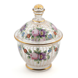 Antique Bohemian painted crystal Glass Sugar Bowl Jar Enamelled Floral Design Moser