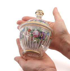 Antique Bohemian painted crystal Glass Sugar Bowl Jar Enamelled Floral Design Moser