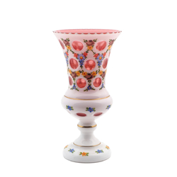 Antique Bohemian 9" cranberry pink overlay crystal vase white opaline layer cut decorated enamel flowers