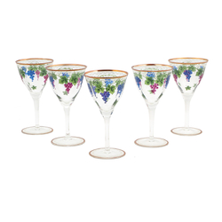 Set (5) Antique Bohemian hand painted grapes vines wine glasses