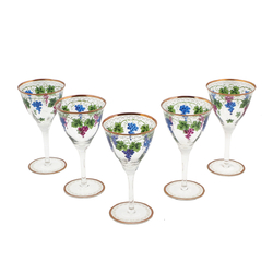 Set (5) Antique Bohemian hand painted grapes vines wine glasses