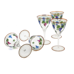 Set (5) Antique Bohemian hand painted grapes vines wine glasses