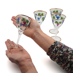 Set (5) Antique Bohemian hand painted grapes vines wine glasses