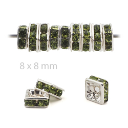 Lot 12 pcs 8x8mm Czech Green Olivine silver plated Square rondelles Rhinestone Spacer beads jewelry findings