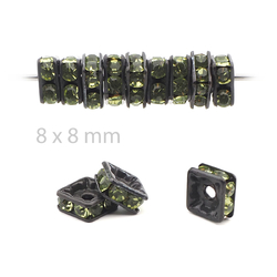 Lot 12 pcs 8x8mm Czech Green Olivine black plated Square rondelles Rhinestone Spacer beads jewelry findings