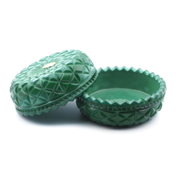 Vintage Czech geometric malachite green glass powder trinket jewelry box