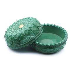 Vintage Czech geometric malachite green glass powder trinket jewelry box