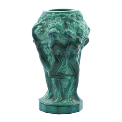 Vintage 1930's Czech Schlevogt Ingrid " Grape Harvest" nudes malachite green glass vase