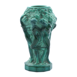 Vintage 1930's Czech Schlevogt Ingrid " Grape Harvest" nudes malachite green glass vase