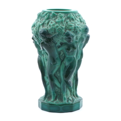 Vintage 1930's Czech Schlevogt Ingrid " Grape Harvest" nudes malachite green glass vase