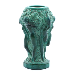 Vintage 1930's Czech Schlevogt Ingrid " Grape Harvest" nudes malachite green glass vase