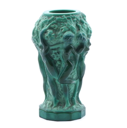 Vintage 1930's Czech Schlevogt Ingrid " Grape Harvest" nudes malachite green glass vase