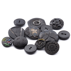 Lot (13) Czech 1920's Art Deco vintage geometric, gnome and floral black glass buttons