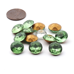 Lot (12) large Czech vintage round faceted foiled light green glass rhinestones 12mm