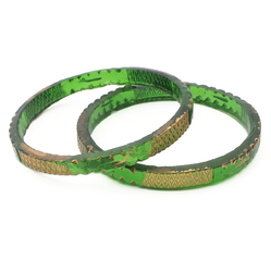 Lot (2) Antique Czech gold gilt green faceted glass bangles 2.35"