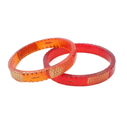 Lot (2) antique Nouveau Czech gold gilt orange red faceted glass bangles