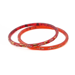 Lot (2) Antique Nouveau Czech gold gilt enamel red faceted glass bangles 2.35"