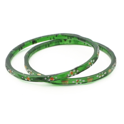 Lot (2) Antique Czech gold gilt enamel green faceted glass bangles 2.25"