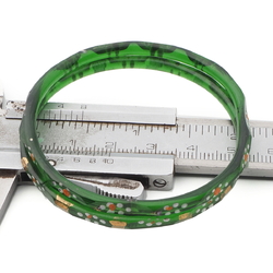 Lot (2) Antique Czech gold gilt enamel green faceted glass bangles 2.25"