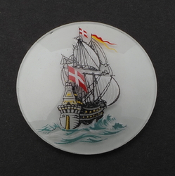 Vintage Czech hand painted galleon ship glass cabochon jewelry element 39mm