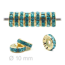 Lot 12 pcs 10mm Czech Aquamarine Blue Rhinestone Rondelles spacer beads gold plated jewelry findings 