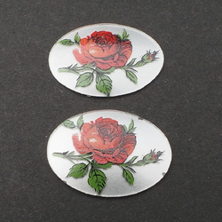 Lot (2) Vintage Czech red rose flower oval glass cabochon jewelry elements 30x22mm