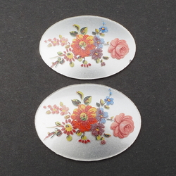 Lot (2) Vintage Czech flower bouquet oval glass cabochon jewelry elements 40x30mm