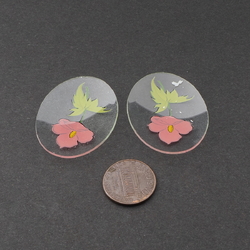 Lot (2) Vintage Czech pink flower clear oval glass cabochon jewelry elements 40x30mm