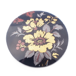 Vintage Czech hand painted gold gilt floral blue glass cabochon jewelry element 39mm