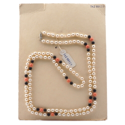 Long vintage Czech necklace pearl black orange glass beads 37"
