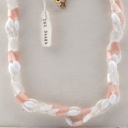 Vintage Czech 4 strand necklace pink frost satin atlas clear bugle glass beads 24"