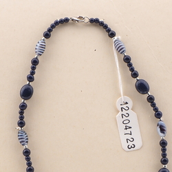 Vintage Czech necklace dark blue marble striped glass beads 16"