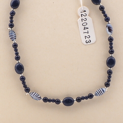 Vintage Czech necklace dark blue marble striped glass beads 16"