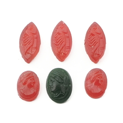 Lot (6) Czech antique green red opaline Roman cameo glass cabochons 