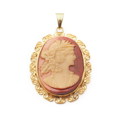 Vintage Czech gold tone filigree frame brown glass cameo necklace pendant