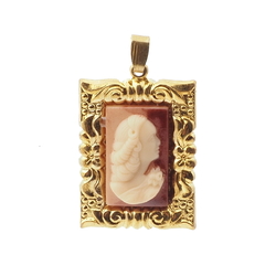 Vintage Czech gold tone framed brown glass cameo necklace pendant